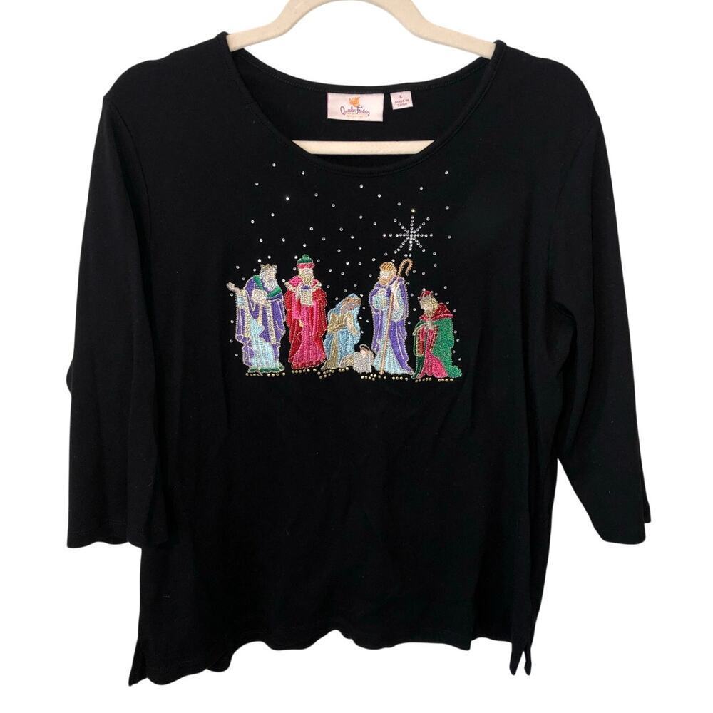 Quacker Factory Embroidered Top Size L Nativity Scene Christmas Black Crystals